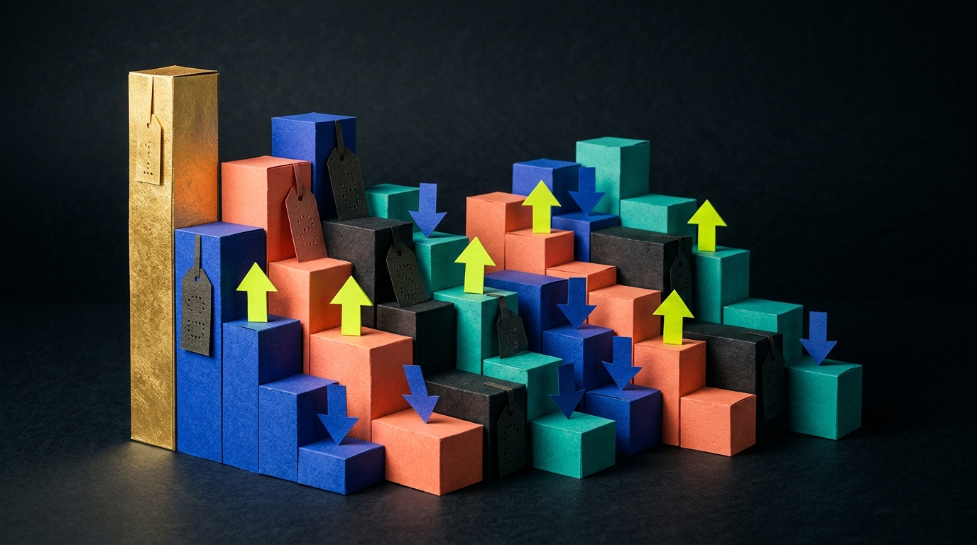 Paper-craft chart bars with rising and falling arrows representing weekly Hot 100 movement